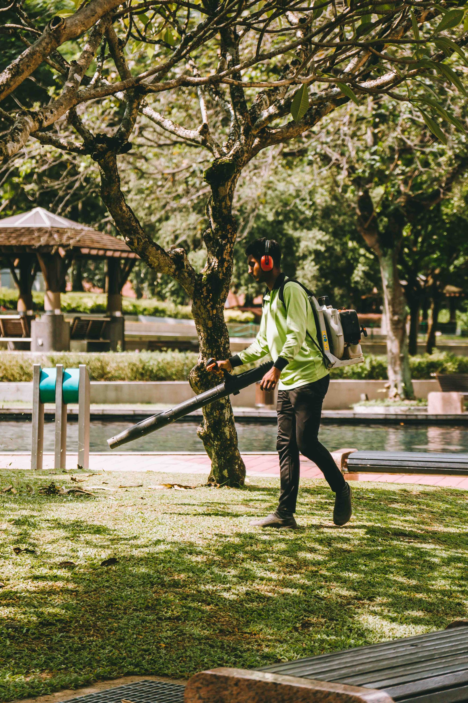 Worker clearing a lawn with a leaf blower